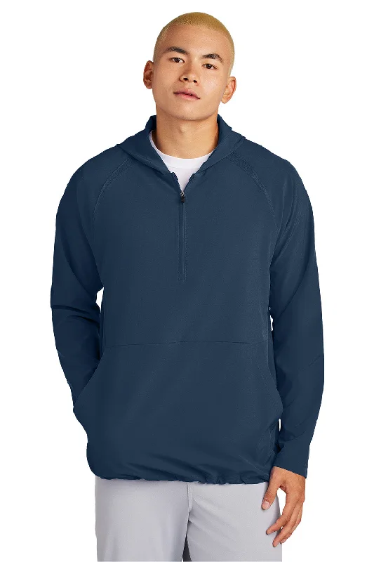 Relaxed-fit Sport-Tek Mens Repeat Moisture Wicking 1/4 Zip Hooded Jacket - True Navy Blue - New