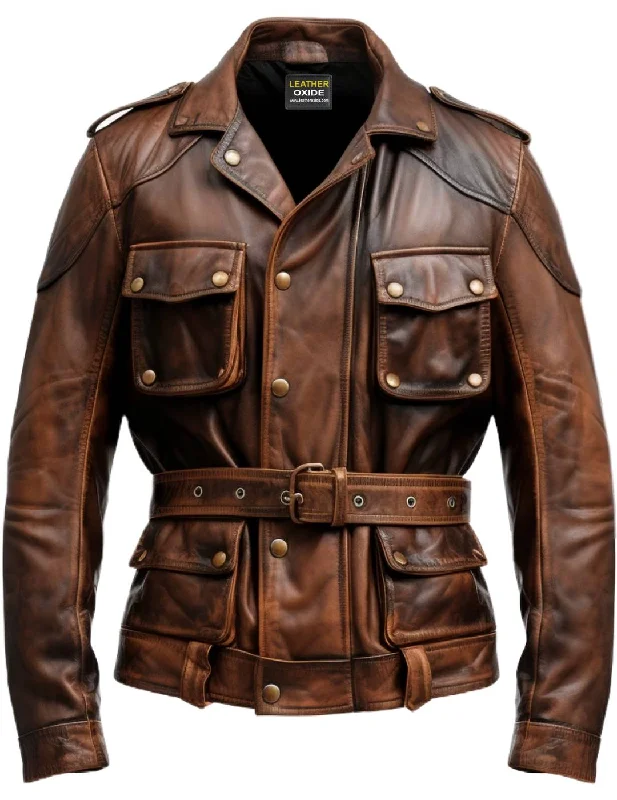 Relaxed-fit Men Military Style Vintage Leather Jacket