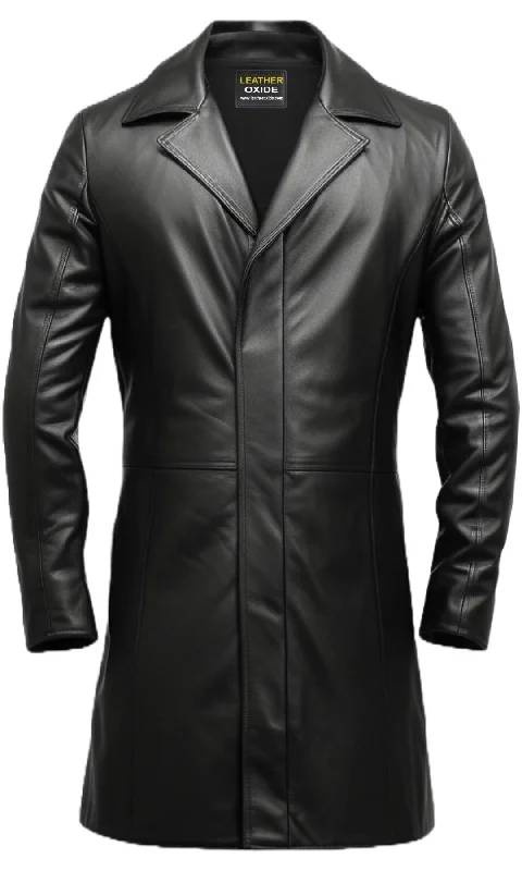 Travel-friendly Men Black Long Leather Coat