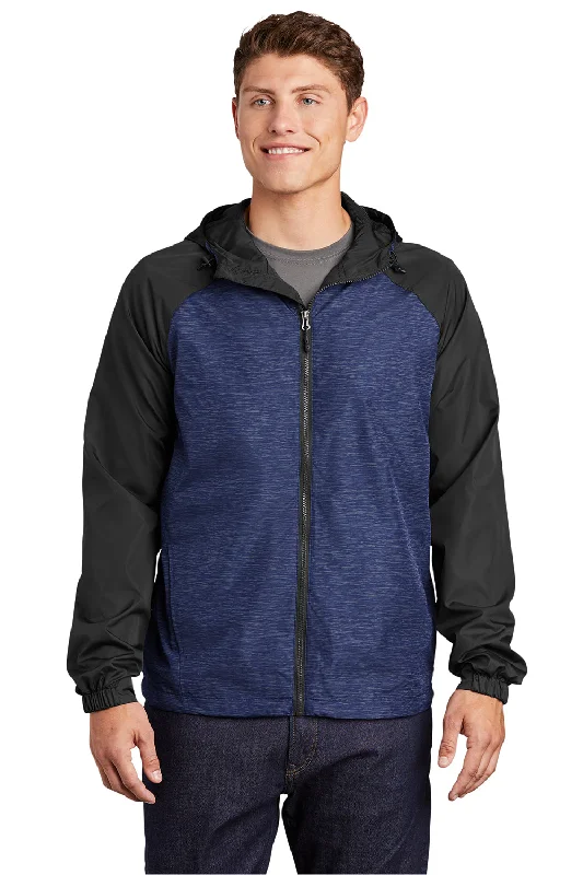 Rugged Sport-Tek Mens Wind & Water Resistant Full Zip Hooded Jacket - Heather True Royal Blue/Black