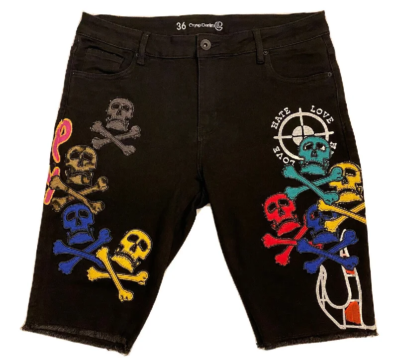 Vintage-inspired CRYSP DENIM SHORTS HOUSE PARTY SKULLS BLACK - CRYSPSM121-108