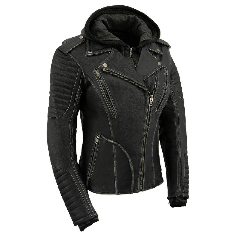 Versatile Milwaukee Leather MLL2516 Black Leather Rub-Off Leather Jacket with Hoodie for Women