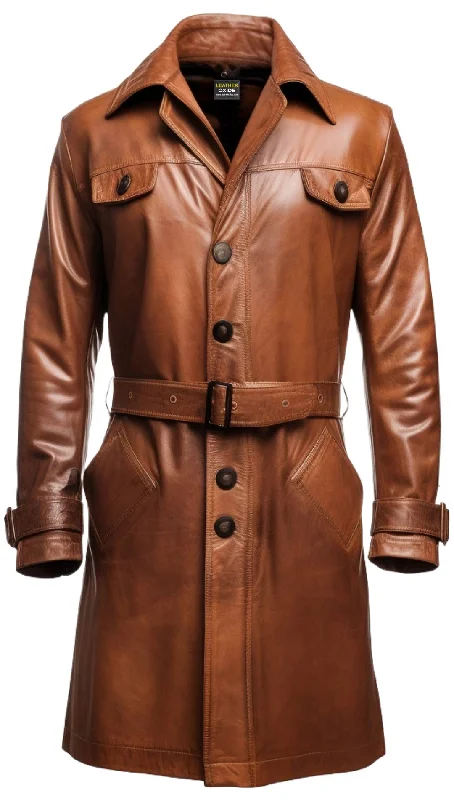 Travel-friendly Men Vintage Brown Leather Coat- Long Leather Coat