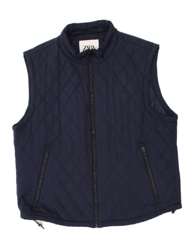 Versatile ZARA Mens Quilted Gilet UK 42 XL Navy Blue Polyester