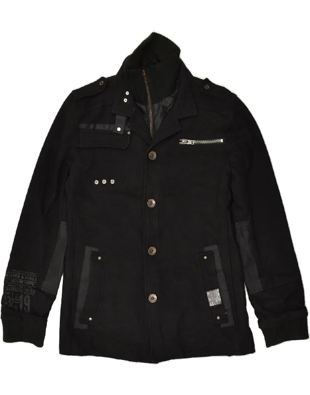 Premium JACK & JONES Mens Utility Jacket UK 40 Large Black Wool