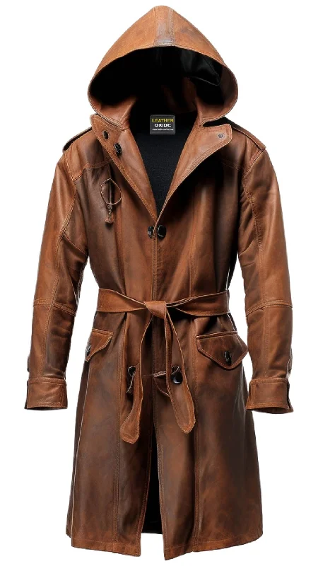 Smart-casual Men Vintage Hooded Leather Coat