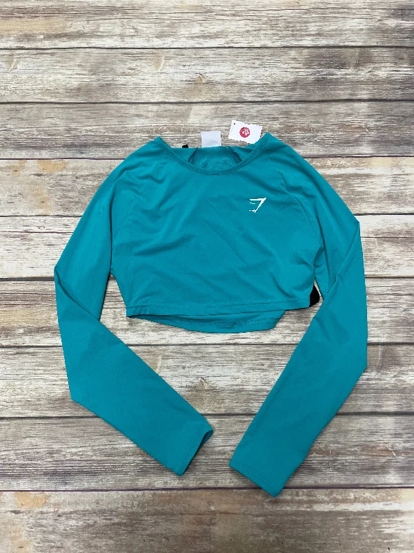 V-neck long sleeve Green Athletic Top Long Sleeve Crewneck Gym Shark, Size S