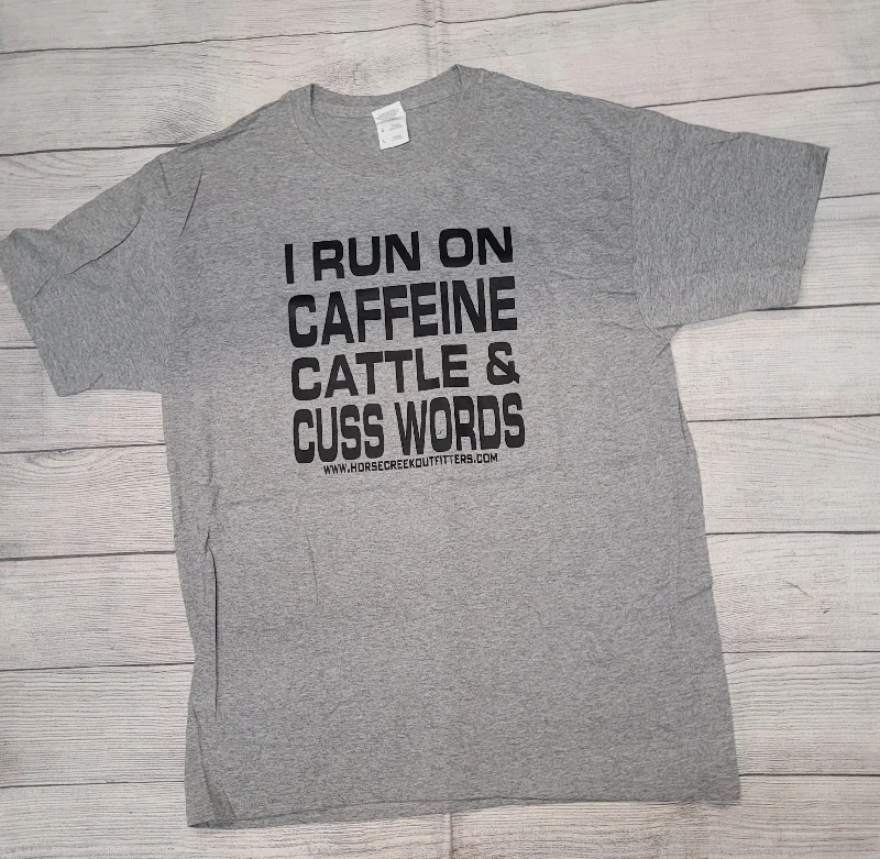 Plaid Run On Caffeine, Cattle & Cusswords Tee-Gray