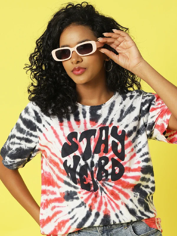 Color-block Navy Red Tie & Dye Typographic Printed Oversized T-Shirt