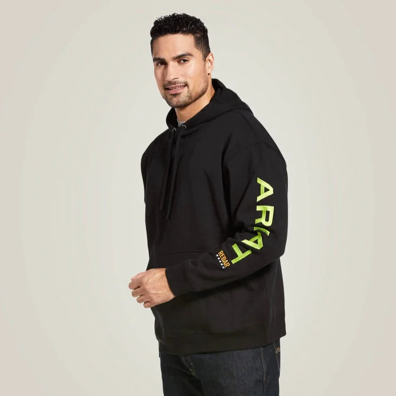 Embroidered shirt Ariat Men's Rebar Logo Hoodie in Black & Lime