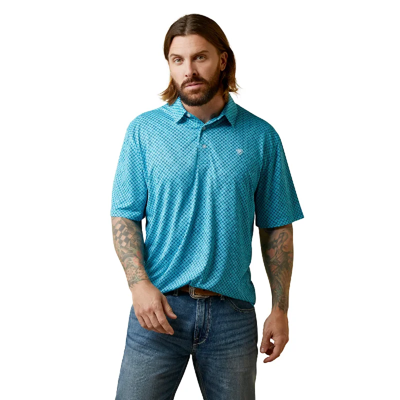 Slim fit Ariat Men's All Over Medallion Polo in Peacock Blue