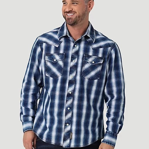 Pique shirt Wrangler Retro Men's Premium Long Sleeve Western Snap Plaid Shirt- Indigo