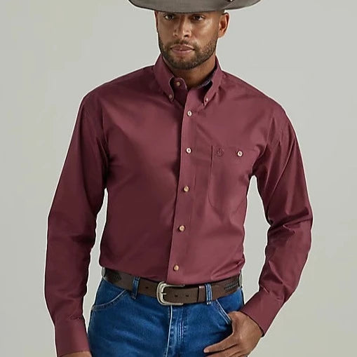 Dobby shirt Wrangler Men's George Strait Long Sleeve One Pocket Button Down Solid Shirt- Violet Wine