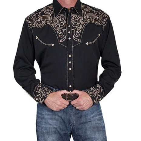 Plain shirt Scully Men's Embroidered Scroll Western Snap Shirt in Black