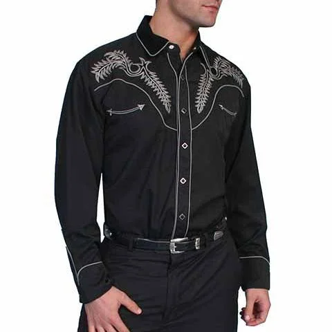 Military shirt Scully Men's Embroidered Boot Stitch Western Snap Shirt in Black