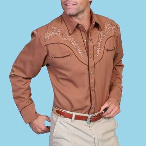 Work shirt Scully Men's Embroidered Boot Stitch Western Snap Shirt in Brown